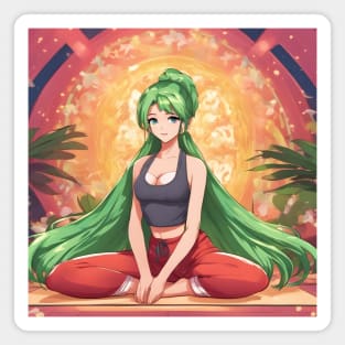 Anime girl with green hair is sitting in a lotus position on a yoga mat Magnet